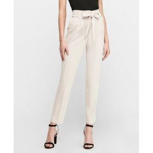 Express Beige Linen Blend Paper Bag Waist High Rise Ankle Pants
